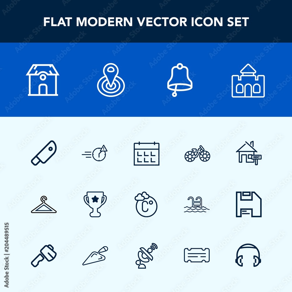 Modern, simple vector icon set with achievement, tower, cycle, ring, estate, shop, business, night, rent, late, medieval, thermometer, fashion, winner, clothing, home, architecture, award, place icons