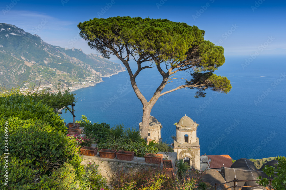 View of the Amalfi Coast and Gulf of Salerno from Villa Rufolo in the hilltop town of Ravello in Campania, Italy.