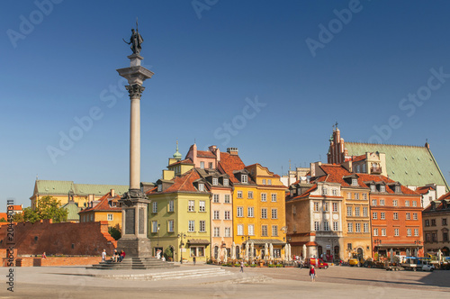 Panorama of Old Town and King Zygmunt III Waza statue in Warsaw, Poland.