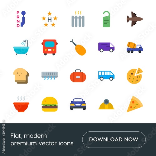 Modern Simple Set of transports, food, industry, hotel Vector flat Icons. Contains such Icons as temperature, cheese, stick, helmet, bus and more on white background. Fully Editable. Pixel Perfect