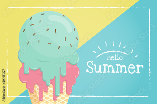 Melting ice cream in waffle cone summer banner.