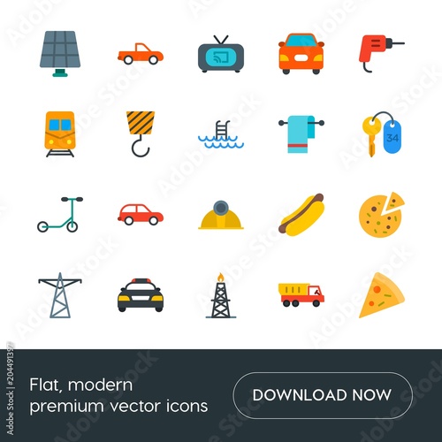 Fototapeta Naklejka Na Ścianę i Meble -  Modern Simple Set of transports, food, industry, hotel Vector flat Icons. Contains such Icons as  hot,  hatchback,  shipping,  industry,  tv and more on white background. Fully Editable. Pixel Perfect