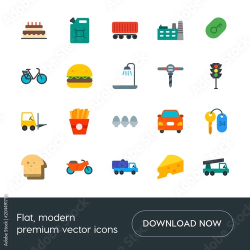 Fototapeta Naklejka Na Ścianę i Meble -  Modern Simple Set of transports, food, industry, hotel Vector flat Icons. Contains such Icons as  tanker,  industry,  tank, factory,  piece and more on white background. Fully Editable. Pixel Perfect