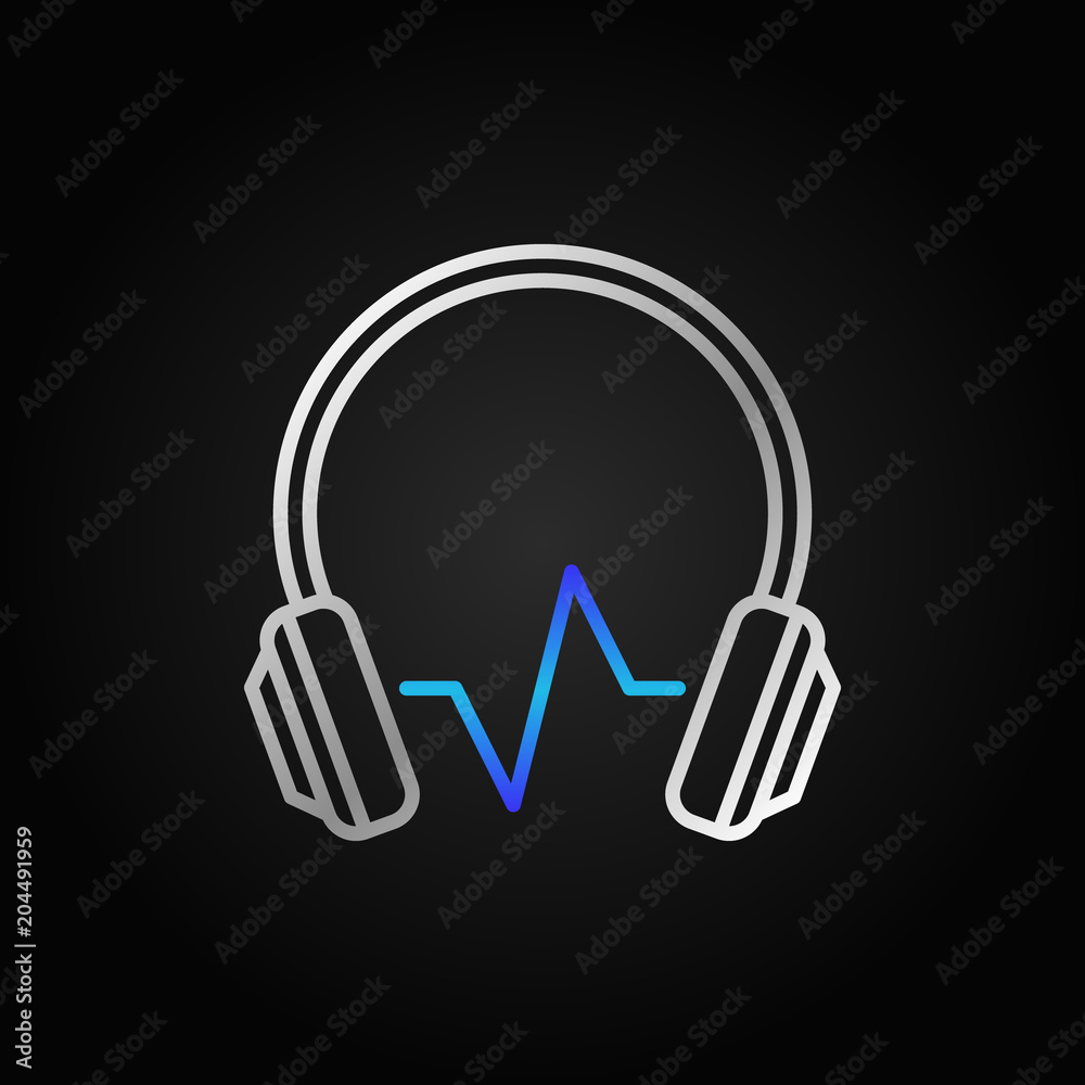 Modern silver headphones with blue sound wave vector icon Modern silver headphones with blue sound wave vector icon
