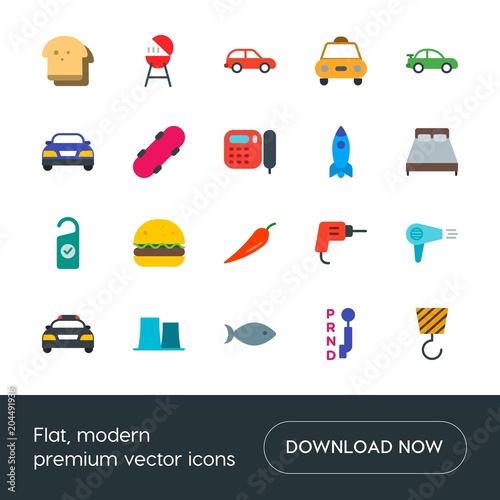 Modern Simple Set of transports, food, industry, hotel Vector flat Icons. Contains such Icons as  stick, change,  meat,  vehicle,  loaf, car and more on white background. Fully Editable. Pixel Perfect