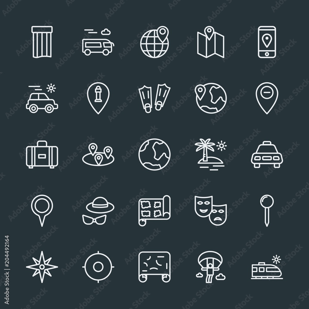 Modern Simple Set of location, travel Vector outline Icons. Contains such Icons as  water,  sky,  journey,  pin,  summer,  sport,  railway and more on dark background. Fully Editable. Pixel Perfect.