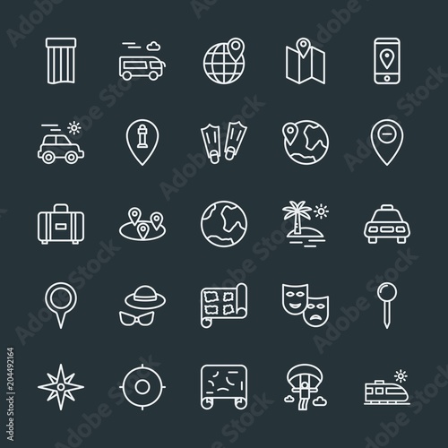 Modern Simple Set of location, travel Vector outline Icons. Contains such Icons as water, sky, journey, pin, summer, sport, railway and more on dark background. Fully Editable. Pixel Perfect.