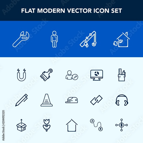 Modern, simple vector icon set with fish, infographic, spanner, chart, web, cap, male, education, magnetic, home, step, template, pen, finance, field, work, pole, up, key, business, , boy, hat icons