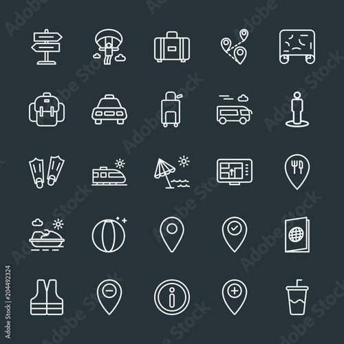Modern Simple Set of location, travel Vector outline Icons. Contains such Icons as speed, internet, map, graphic, extreme, abstract and more on dark background. Fully Editable. Pixel Perfect.