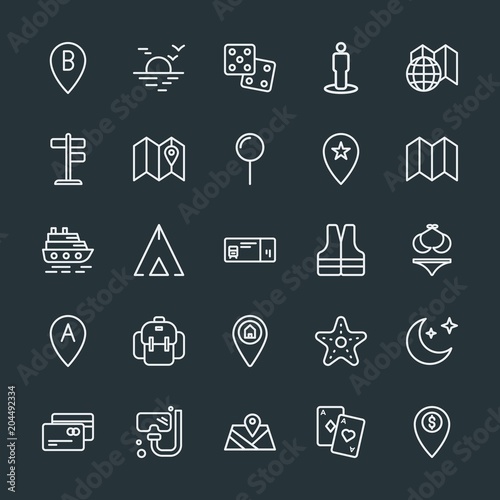 Modern Simple Set of location  travel Vector outline Icons. Contains such Icons as  tent   location   card   game   astronomy   background and more on dark background. Fully Editable. Pixel Perfect.