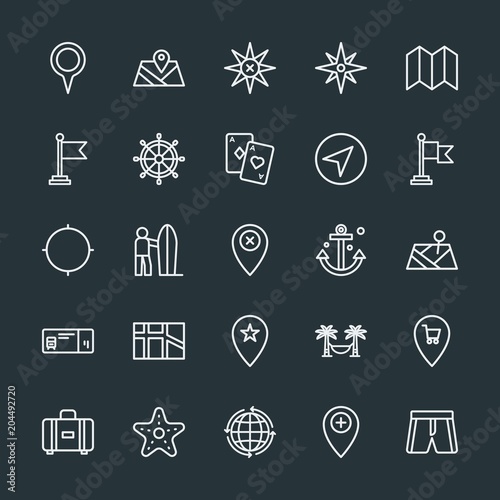 Modern Simple Set of location, travel Vector outline Icons. Contains such Icons as ship, bag, hammock, boat, business, world, waving and more on dark background. Fully Editable. Pixel Perfect.