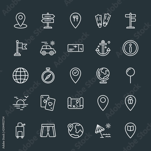 Modern Simple Set of location, travel Vector outline Icons. Contains such Icons as map, flag, east, banner, suitcase, water, shorts, pin and more on dark background. Fully Editable. Pixel Perfect.