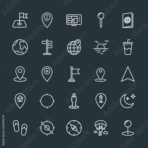 Modern Simple Set of location  travel Vector outline Icons. Contains such Icons as  location   travel   night   marker   road   shoes   sign and more on dark background. Fully Editable. Pixel Perfect.
