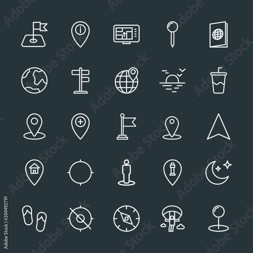Modern Simple Set of location, travel Vector outline Icons. Contains such Icons as  location,  travel,  night,  marker,  road,  shoes,  sign and more on dark background. Fully Editable. Pixel Perfect.