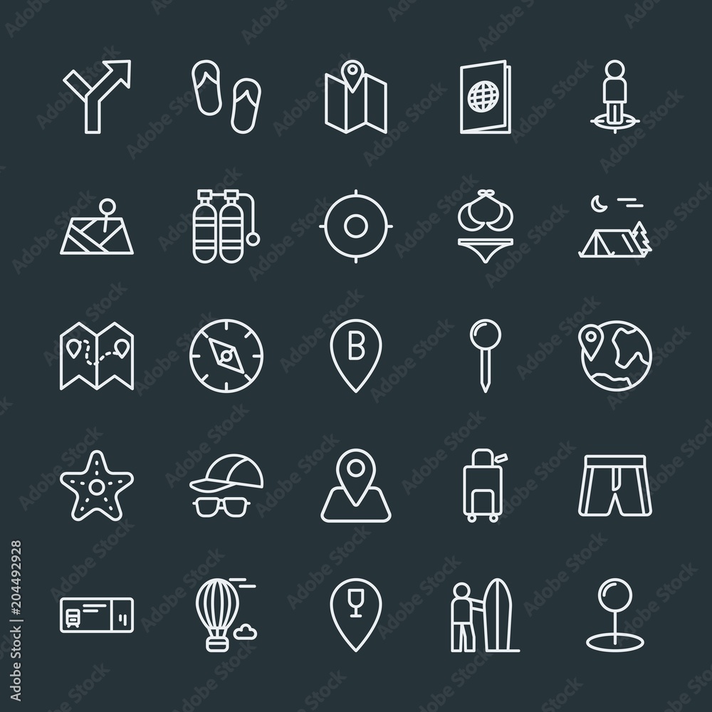Modern Simple Set of location, travel Vector outline Icons. Contains such Icons as water, shoes, fashion, ticket, road, trip, map, map and more on dark background. Fully Editable. Pixel Perfect. Modern Simple Set of location, travel Vector outline Icons. Contains such Icons as water, shoes, fashion, ticket, road, trip, map, map and more on dark background. Fully Editable. Pixel Perfect.