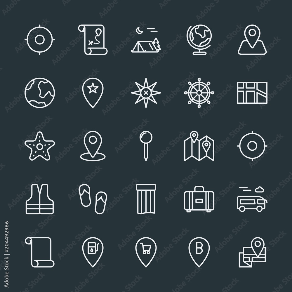 Modern Simple Set of location, travel Vector outline Icons. Contains such Icons as  destination,  marketing, bus,  globus,  globe,  world and more on dark background. Fully Editable. Pixel Perfect.