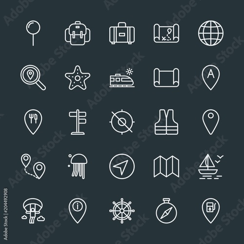 Modern Simple Set of location, travel Vector outline Icons. Contains such Icons as wheel, old, ship, adventure, sail, globus, internet and more on dark background. Fully Editable. Pixel Perfect.