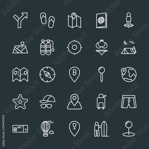 Modern Simple Set of location, travel Vector outline Icons. Contains such Icons as water, shoes, fashion, ticket, road, trip, map, map and more on dark background. Fully Editable. Pixel Perfect.