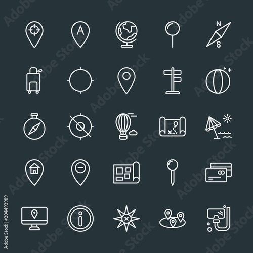 Modern Simple Set of location, travel Vector outline Icons. Contains such Icons as  debit,  bag,  marketing,  business,  north,  direction and more on dark background. Fully Editable. Pixel Perfect.