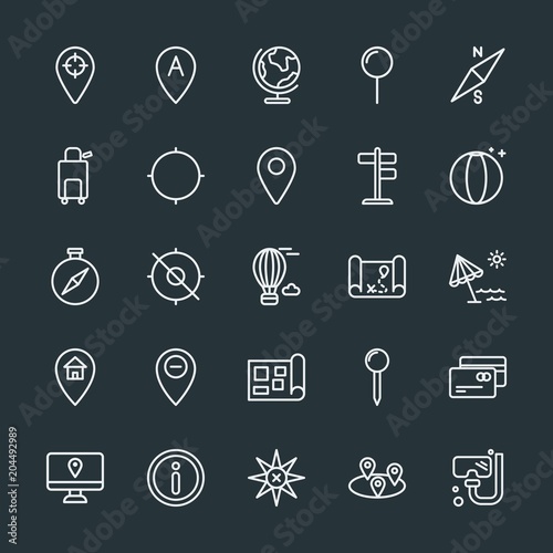 Modern Simple Set of location  travel Vector outline Icons. Contains such Icons as  debit   bag   marketing   business   north   direction and more on dark background. Fully Editable. Pixel Perfect.