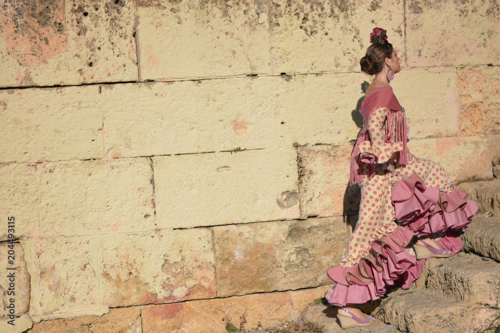 the woman in the flamenco dress goes up the steps