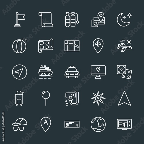 Modern Simple Set of location, travel Vector outline Icons. Contains such Icons as pointer, tank, world, banner, background, map, scuba and more on dark background. Fully Editable. Pixel Perfect.