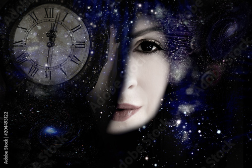 Woman s face  Universe and time