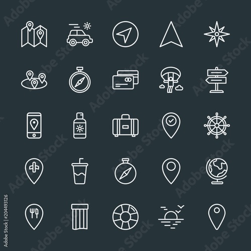 Modern Simple Set of location, travel Vector outline Icons. Contains such Icons as sea, direction, location, journey, north, mattress and more on dark background. Fully Editable. Pixel Perfect.