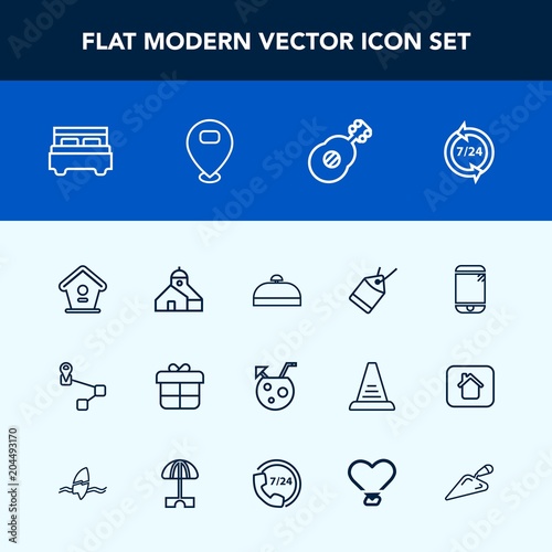 Modern, simple vector icon set with cocktail, glass, holiday, trip, bedroom, bird, decoration, bag, box, label, paper, operator, phone, double, bed, tag, gift, home, service, technology, present icons