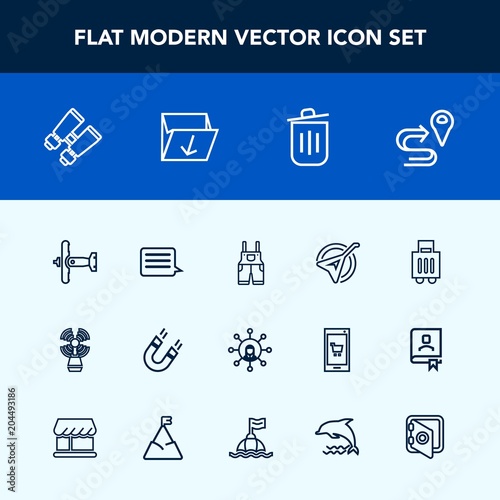 Modern, simple vector icon set with instrument, seamark, watch, message, military, garbage, science, magnetic, work, pole, road, location, field, sign, string, screen, airport, white, route, map icons