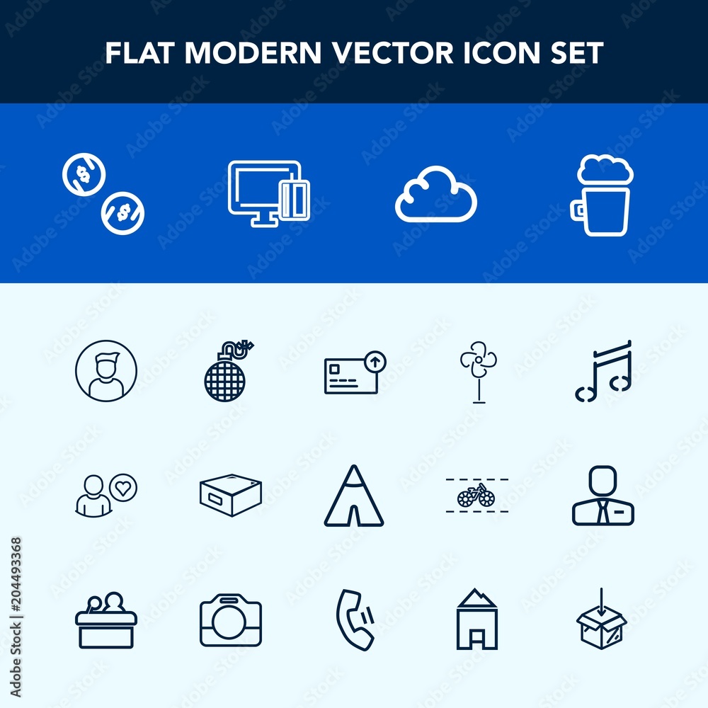 Modern, simple vector icon set with profile, house, web, explosion, business, telephone, pub, currency, bomb, home, upload, beer, cash, note, bar, drawer, male, power, danger, payment, adventure icons