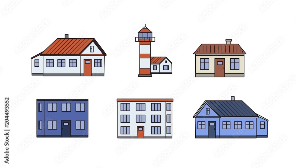 Fototapeta premium Set of old city buildings. Lighthouse and houses. Flat vector illustration. Isolated on white background.