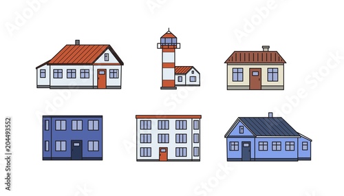 Set of old city buildings. Lighthouse and houses. Flat vector illustration. Isolated on white background.