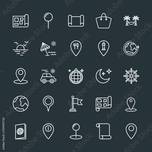 Modern Simple Set of location, travel Vector outline Icons. Contains such Icons as trip, party, summer, background, sea, document, map and more on dark background. Fully Editable. Pixel Perfect.