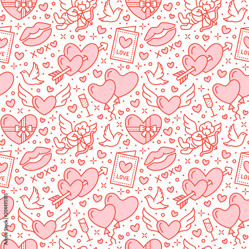 Romance seamless pattern. Love, wedding flat line icons - hearts, chocolate, kiss, Cupid, doves, valentine day card. Red white wallpaper for february 14 celebration.