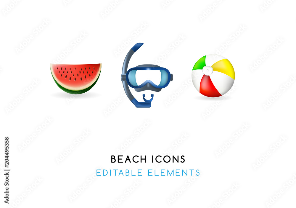 Set of Real Cute Beach Elements on White Background . Isolated Vector Illustration