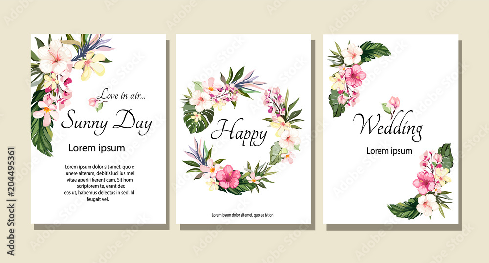 Set of card with exotic leaves. Tropical Wedding ornament concept. Floral poster, invite. Vector decorative greeting card or invitation design background