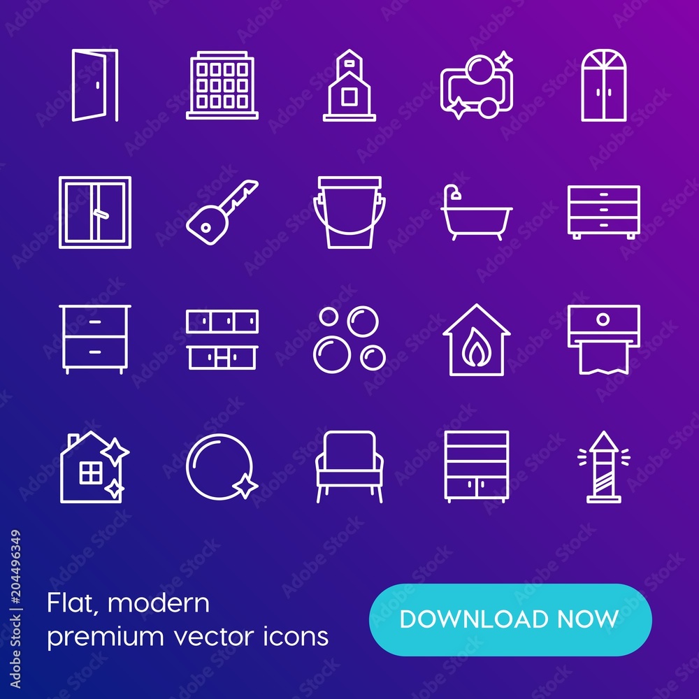 Modern Simple Set of buildings, furniture, housekeeping Vector outline Icons. Contains such Icons as  house,  clean,  cleaner,  door and more on gradient background. Fully Editable. Pixel Perfect.