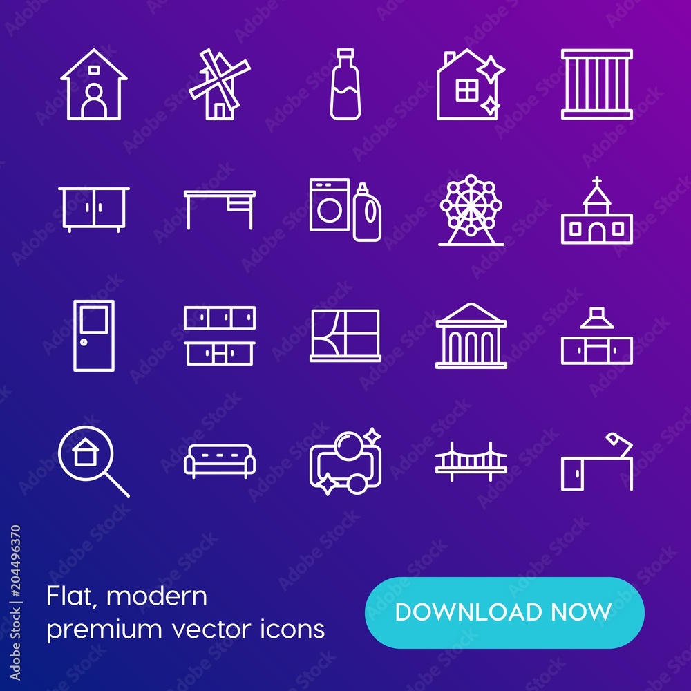 Modern Simple Set of buildings, furniture, housekeeping Vector outline Icons. Contains such Icons as bank, modern, housework, lamp and more on gradient background. Fully Editable. Pixel Perfect. Modern Simple Set of buildings, furniture, housekeeping Vector outline Icons. Contains such Icons as bank, modern, housework, lamp and more on gradient background. Fully Editable. Pixel Perfect.