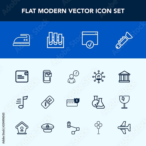 Modern, simple vector icon set with medical, phone, work, display, technology, play, analysis, greece, bugle, communication, mail, email, screen, melody, housework, musical, white, trumpet, page icons