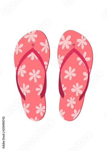 Pink flip flops with flowers on white background. Vector illustration.