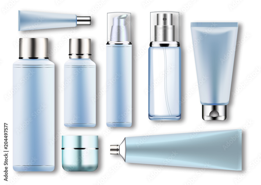custom made wallpaper toronto digitalSet vector blank templates of empty blue silver plastic,glass realistic containers:bottles with spray,dispenser and dropper,cream jar,tube.3d mock-up of cosmetic package.Photorealistic illustration.