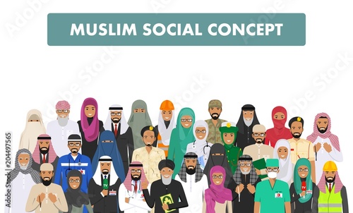 Social concept. Group muslim arabic people professions occupation standing together in different suit and traditional clothes on white background in flat style. Arab man and woman. Vector illustration