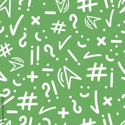 Abstract seamless patterns with punctuation marks, hashtag, check mark, smile, multiplication, division sign on green backgroung. Hand drawn elemements for on-line communication, chatting. Vector