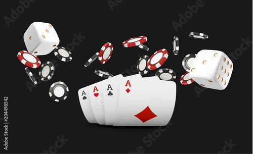 Playing cards and poker chips fly casino. Concept on black background. Poker casino vector illustration. Red and black realistic chip in the air. Gambling concept, poker mobile app icon