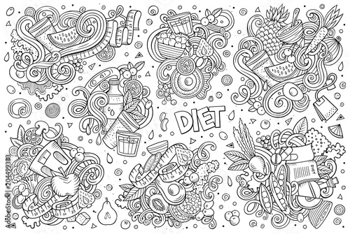 Vector doodles cartoon set of Diet food combinations of objects and elements