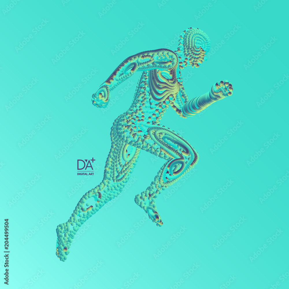 Fototapeta premium Running man. Emblem for marathon and jogging. 3d model of man. Vector Illustration. Wire connection to virtual reality.