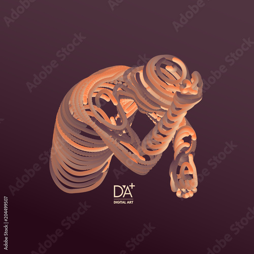 Man in a thinker pose. Miserable depressed men sitting and thinking. 3d model of man. Psychology or philosophy concept. Vector illustration.