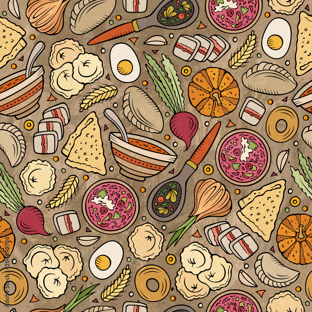 Naklejka premium Cartoon hand-drawn Russian food seamless pattern
