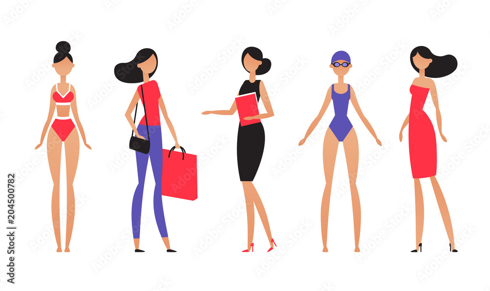 Fototapeta premium Brunette woman in different styles of clothes, with different hairstyles and poses. Model in simple flat abstract style. Vector illustration